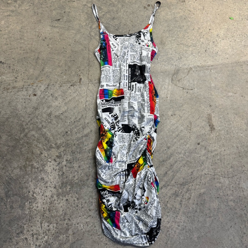 Objex Newspaper Print Ruched Body-con Sleeveless Tank Midi Dress SZ L Streetwear